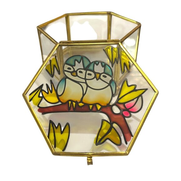Vtg Brass and Glass Painted Owls on Branch Hexagon Curio Box Mirrored Bottom - Picture 3 of 7